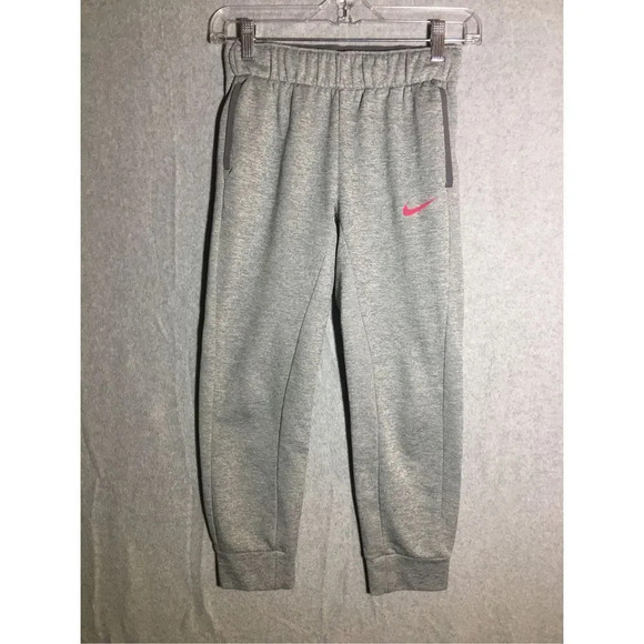 Kids Nike Joggers Grey Athletic Pink Swoosh Casual Athleisure - Picture 1 of 5